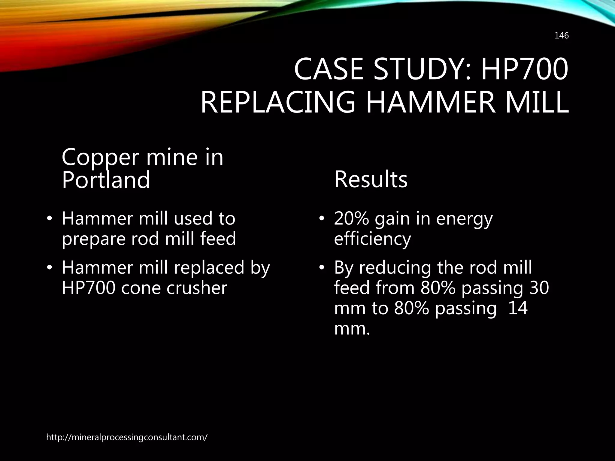 CASE STUDY: HP700
REPLACING HAMMER MILL
Copper mine in
Portland
• Hammer mill used to
prepare rod mill feed
• Hammer mill replaced by
HP700 cone crusher
Results
• 20% gain in energy
efficiency
• By reducing the rod mill
feed from 80% passing 30
mm to 80% passing 14
mm.
http://mineralprocessingconsultant.com/
146
 