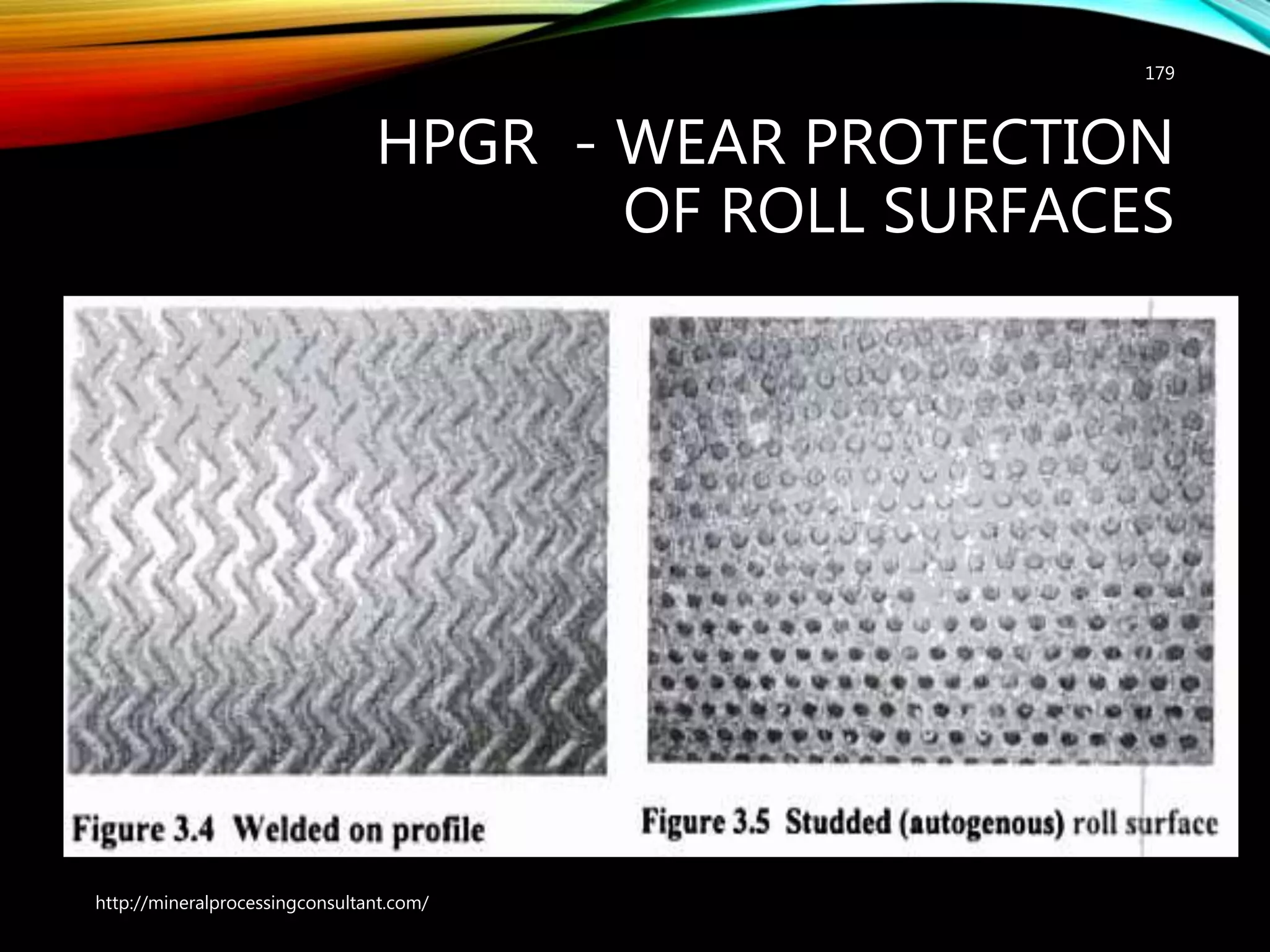 HPGR - WEAR PROTECTION
OF ROLL SURFACES
179
http://mineralprocessingconsultant.com/
 