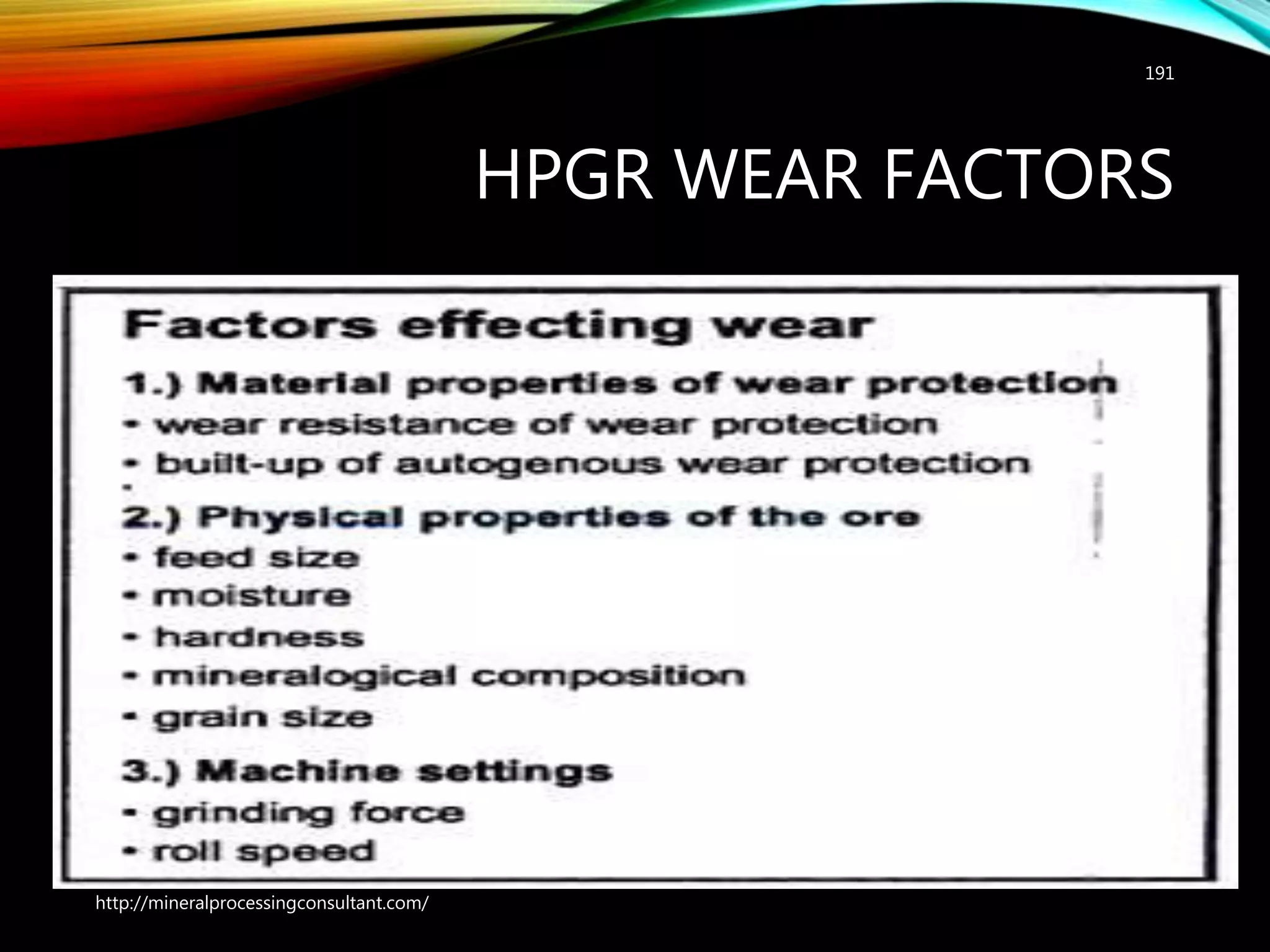 HPGR WEAR FACTORS
191
http://mineralprocessingconsultant.com/
 