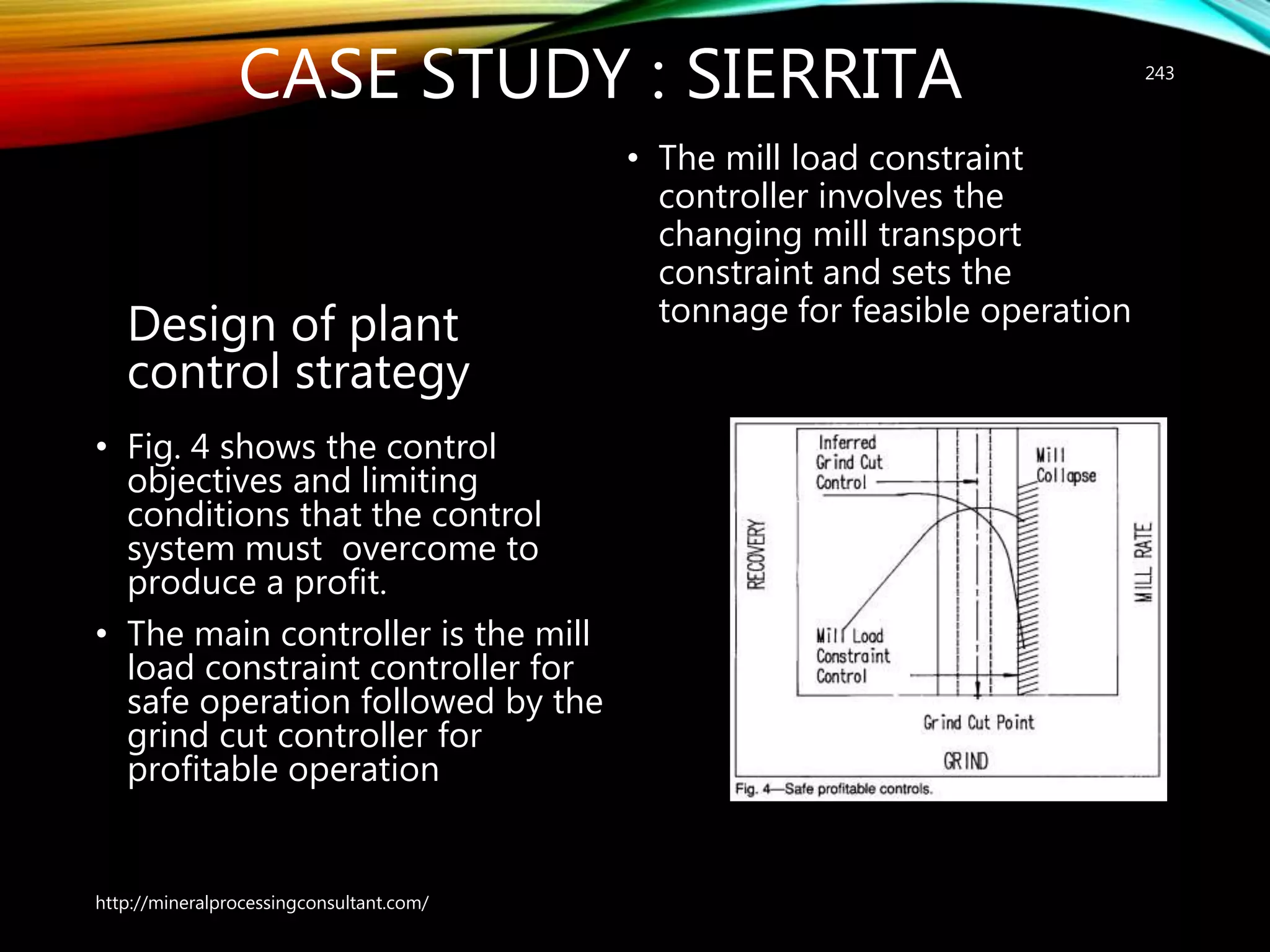 CASE STUDY : SIERRITA
Design of plant
control strategy
• Fig. 4 shows the control
objectives and limiting
conditions that the control
system must overcome to
produce a profit.
• The main controller is the mill
load constraint controller for
safe operation followed by the
grind cut controller for
profitable operation
• The mill load constraint
controller involves the
changing mill transport
constraint and sets the
tonnage for feasible operation
http://mineralprocessingconsultant.com/
243
 