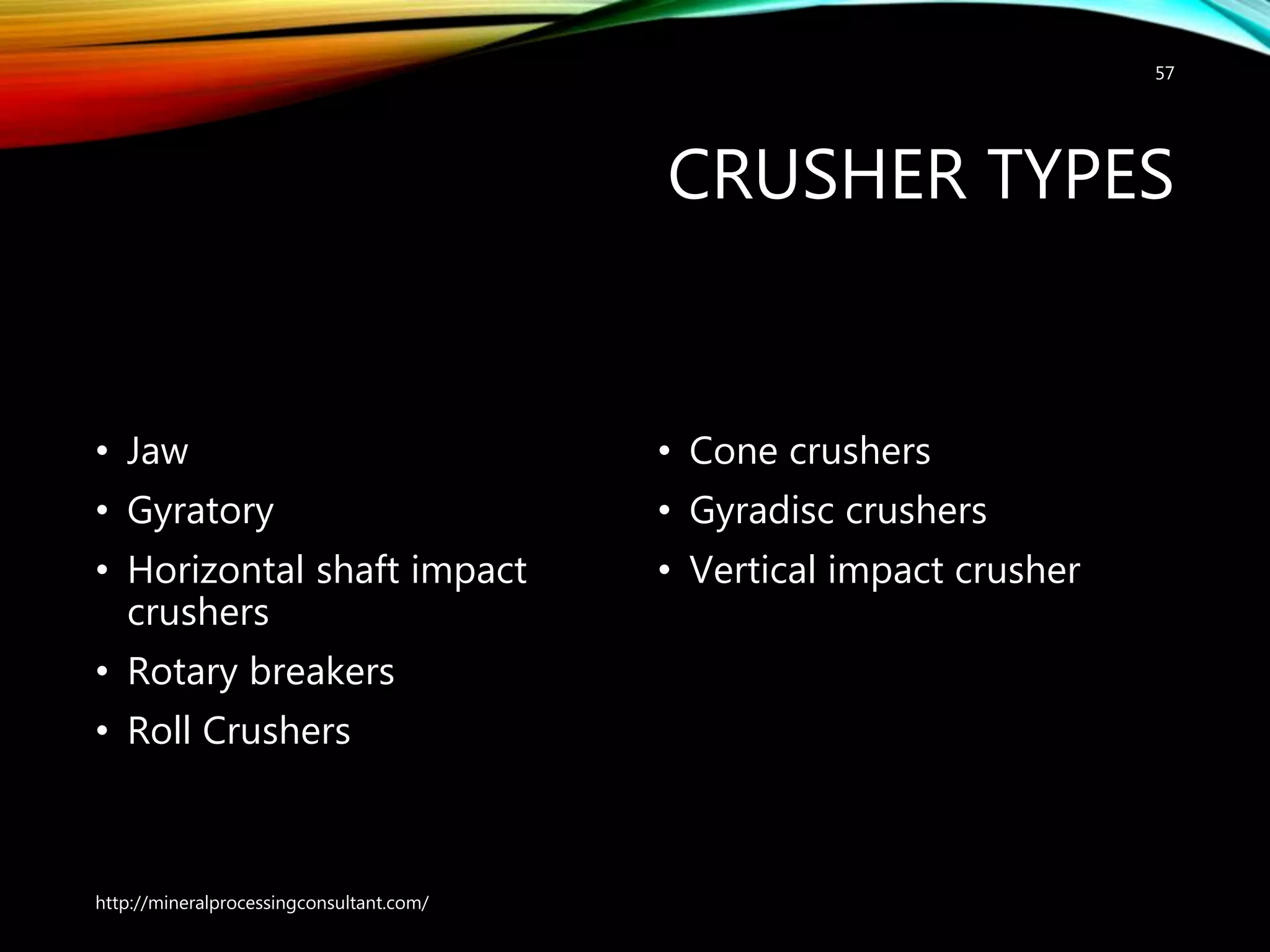 CRUSHER TYPES
• Jaw
• Gyratory
• Horizontal shaft impact
crushers
• Rotary breakers
• Roll Crushers
• Cone crushers
• Gyradisc crushers
• Vertical impact crusher
http://mineralprocessingconsultant.com/
57
 