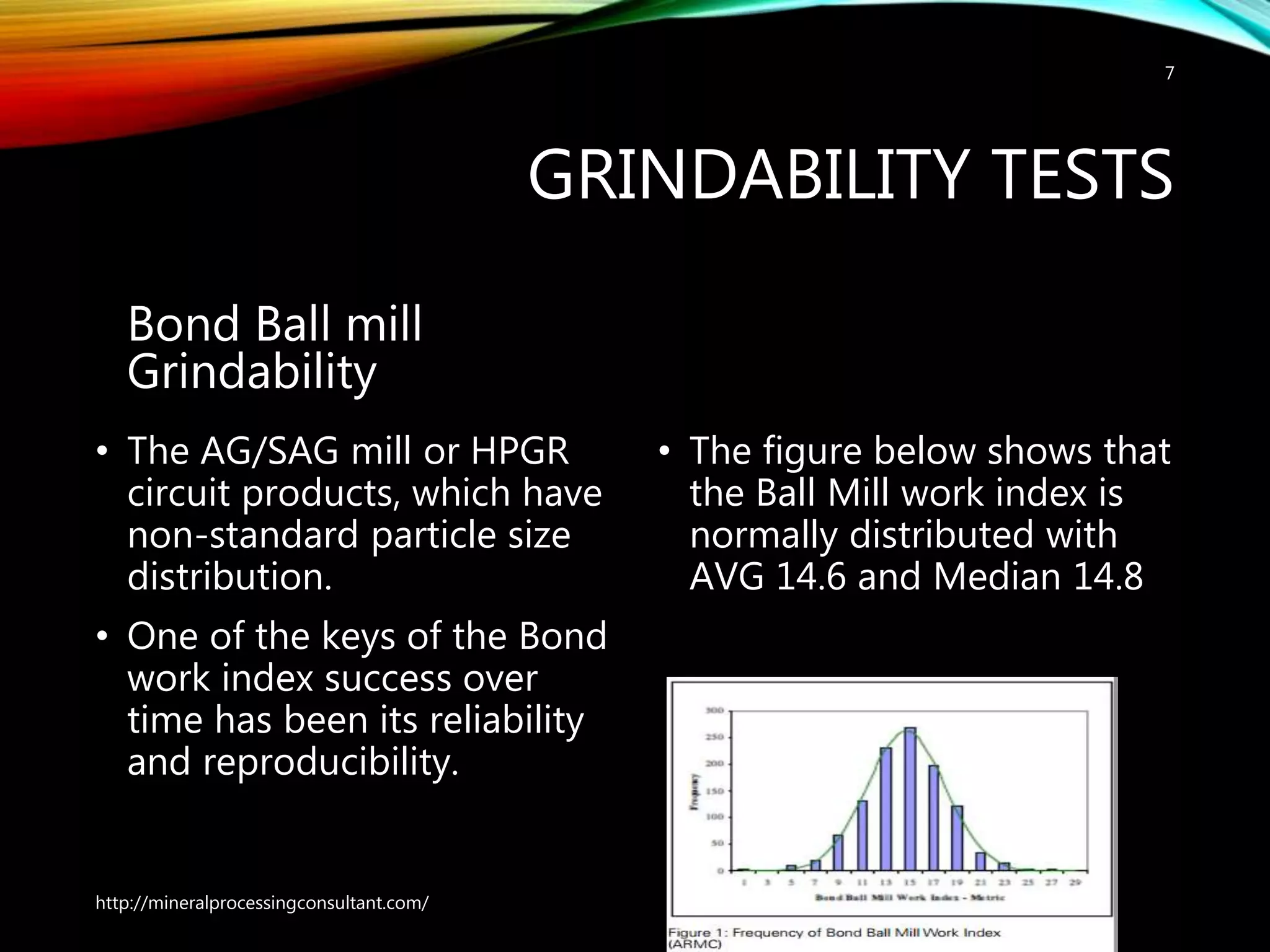 GRINDABILITY TESTS
Bond Ball mill
Grindability
• The AG/SAG mill or HPGR
circuit products, which have
non-standard particle size
distribution.
• One of the keys of the Bond
work index success over
time has been its reliability
and reproducibility.
• The figure below shows that
the Ball Mill work index is
normally distributed with
AVG 14.6 and Median 14.8
http://mineralprocessingconsultant.com/
7
 