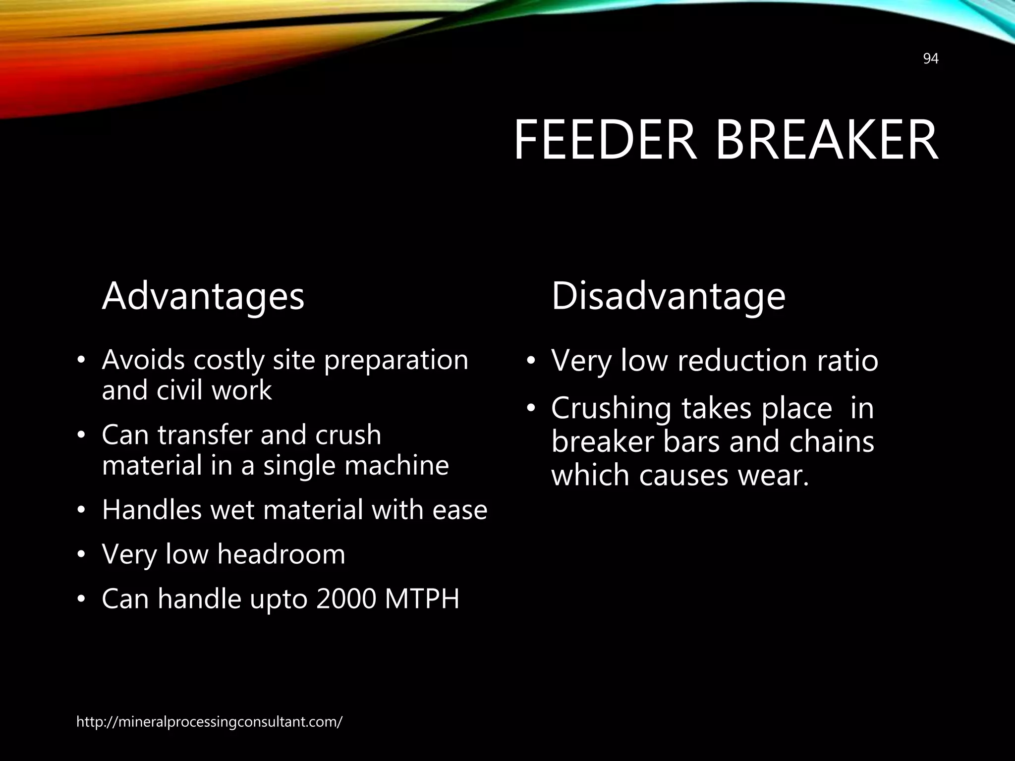 FEEDER BREAKER
Advantages
• Avoids costly site preparation
and civil work
• Can transfer and crush
material in a single machine
• Handles wet material with ease
• Very low headroom
• Can handle upto 2000 MTPH
Disadvantage
• Very low reduction ratio
• Crushing takes place in
breaker bars and chains
which causes wear.
http://mineralprocessingconsultant.com/
94
 