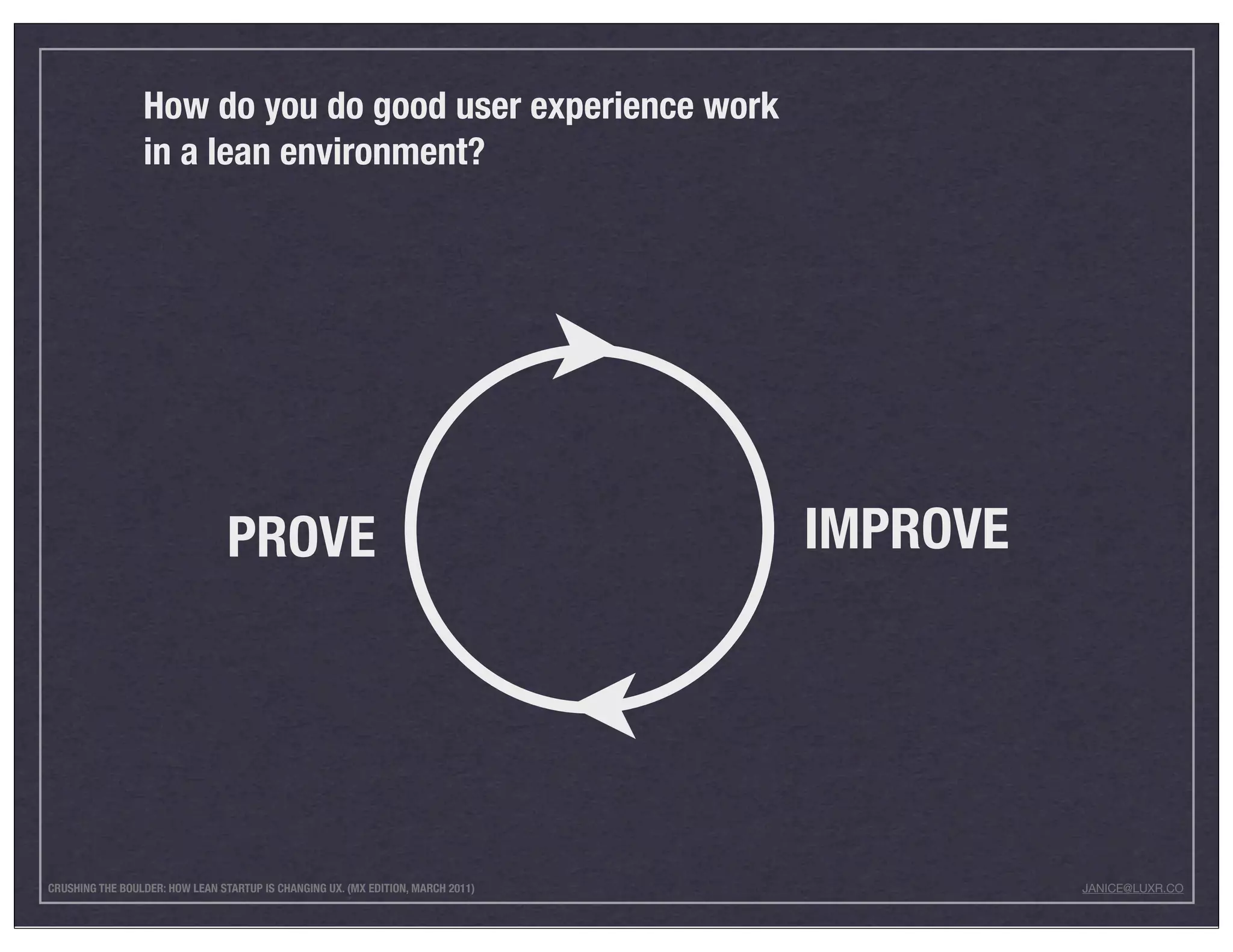 How do you do good user experience work
                 in a lean environment?




                                 PROVE                                            IMPROVE




CRUSHING THE BOULDER: HOW LEAN STARTUP IS CHANGING UX. (MX EDITION, MARCH 2011)             JANICE@LUXR.CO
 