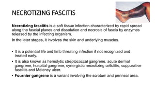 NECROTIZING FASCITIS
Necrotizing fasciitis is a soft tissue infection characterized by rapid spread
along the fascial planes and dissolution and necrosis of fascia by enzymes
released by the infecting organism.
In the later stages, it involves the skin and underlying muscles.
• It is a potential life and limb threating infection if not recognized and
treated early.
• It is also known as hemolytic streptococcal gangrene, acute dermal
gangrene, hospital gangrene, synergistic necrotizing cellulitis, suppurative
fasciitis and Meleney ulcer.
• Fournier gangrene is a variant involving the scrotum and perineal area.
 