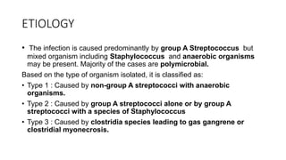 ETIOLOGY
• The infection is caused predominantly by group A Streptococcus but
mixed organism including Staphylococcus and anaerobic organisms
may be present. Majority of the cases are polymicrobial.
Based on the type of organism isolated, it is classified as:
• Type 1 : Caused by non-group A streptococci with anaerobic
organisms.
• Type 2 : Caused by group A streptococci alone or by group A
streptococci with a species of Staphylococcus
• Type 3 : Caused by clostridia species leading to gas gangrene or
clostridial myonecrosis.
 