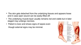 • The skin gets detached from the underlying tissues and appears loose
and in case open wound can be easily lifted off.
• The underlying muscle layer usually remains red and viable but in later
staged may undergo necrosis.
• Patient is toxic and shows signs of sepsis even
though external signs may be minimal.
 