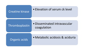 •Elevation of serum ck level
Creatine kinase
•Disseminated intravascular
coagulation
Thromboplastin
•Metabolic acidosis & aciduria
Organic acids
 