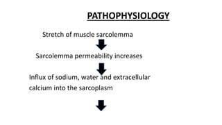 PATHOPHYSIOLOGY
Stretch of muscle sarcolemma
Sarcolemma permeability increases
Influx of sodium, water and extracellular
calcium into the sarcoplasm
 