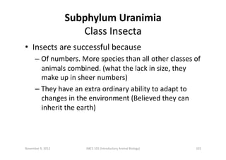 Subphylum	
  Uranimia	
  	
  
Class	
  Insecta	
  
•  Insects	
  are	
  successful	
  because	
  
–  Of	
  numbers.	
  Mor...