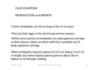 CLASS	
  CHILOPODA	
  
REPRODUCTION	
  and	
  GROWTH	
  

• 	
  Some	
  cenEpedes	
  can	
  live	
  as	
  long	
  as	
  ﬁv...