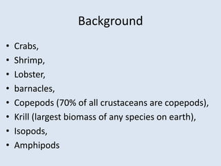 Background
• Crabs,
• Shrimp,
• Lobster,
• barnacles,
• Copepods (70% of all crustaceans are copepods),
• Krill (largest biomass of any species on earth),
• Isopods,
• Amphipods