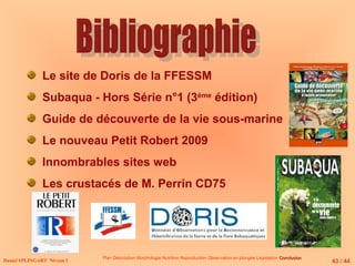 Daniel SPLINGART Niveau 1
Plan Description Morphologie Nutrition Reproduction Observation en plongée Législation Conclusion
Conclusion
Le site de Doris de la FFESSM
Subaqua - Hors Série n°1 (3ème
édition)
Guide de découverte de la vie sous-marine
Le nouveau Petit Robert 2009
Innombrables sites web
Les crustacés de M. Perrin CD75
43 / 44
 