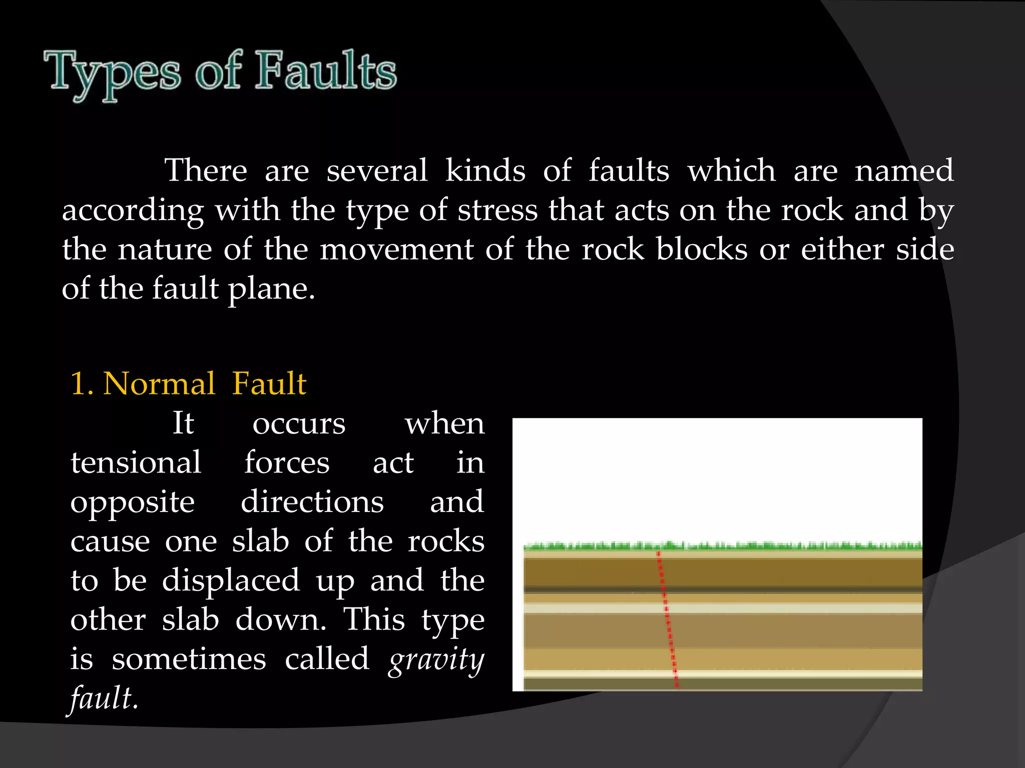 There are several kinds of faults which are named
according with the type of stress that acts on the rock and by
the nature of the movement of the rock blocks or either side
of the fault plane.
1. Normal Fault
It occurs when
tensional forces act in
opposite directions and
cause one slab of the rocks
to be displaced up and the
other slab down. This type
is sometimes called gravity
fault.
 