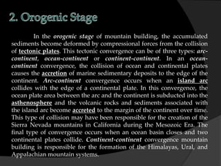 In the orogenic stage of mountain building, the accumulated
sediments become deformed by compressional forces from the collision
of tectonic plates. This tectonic convergence can be of three types: arc-
continent, ocean-continent or continent-continent. In an ocean-
continent convergence, the collision of ocean and continental plates
causes the accretion of marine sedimentary deposits to the edge of the
continent. Arc-continent convergence occurs when an island arc
collides with the edge of a continental plate. In this convergence, the
ocean plate area between the arc and the continent is subducted into the
asthenosphere and the volcanic rocks and sediments associated with
the island arc become accreted to the margin of the continent over time.
This type of collision may have been responsible for the creation of the
Sierra Nevada mountains in California during the Mesozoic Era. The
final type of convergence occurs when an ocean basin closes and two
continental plates collide. Continent-continent convergence mountain
building is responsible for the formation of the Himalayas, Ural, and
Appalachian mountain systems.
 