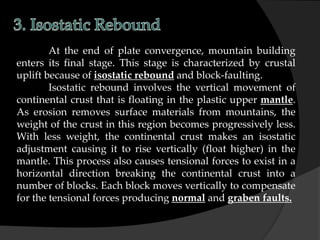 At the end of plate convergence, mountain building
enters its final stage. This stage is characterized by crustal
uplift because of isostatic rebound and block-faulting.
Isostatic rebound involves the vertical movement of
continental crust that is floating in the plastic upper mantle.
As erosion removes surface materials from mountains, the
weight of the crust in this region becomes progressively less.
With less weight, the continental crust makes an isostatic
adjustment causing it to rise vertically (float higher) in the
mantle. This process also causes tensional forces to exist in a
horizontal direction breaking the continental crust into a
number of blocks. Each block moves vertically to compensate
for the tensional forces producing normal and graben faults.
 