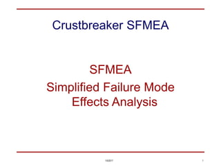 1/5/2017 1
Crustbreaker SFMEA
SFMEA
Simplified Failure Mode
Effects Analysis
 