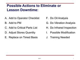 1/5/2017 7
Possible Actions to Eliminate or
Lesson Downtime:
A. Add to Operator Checklist
B. Add to PM
C. Add to Critical Parts List
D. Adjust Stores Quantity
E. Replace on Timed Basis
F. Do Oil Analysis
G. Do Vibration Analysis
H. Do Infrared Inspection
I. Possible Modification
J. Training Needed
 