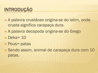 INTRODUÇÃO

 A palavra crustáceo origina-se do latim, onde
  crusta significa carapaça dura.
 A palavra decapoda origina-se do Grego

 Deka= 10

 Pous= patas

 Sendo assim, animal de carapaça dura com 10
  patas.
 