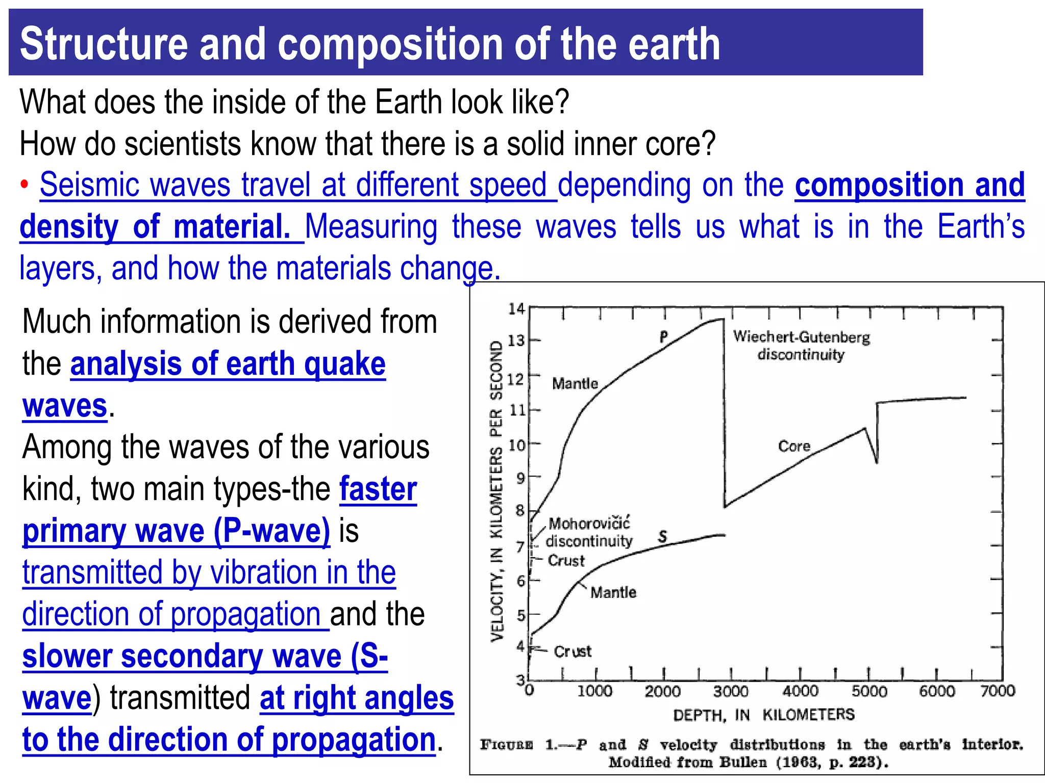 Structure and composition of the earth
Much information is derived from
the analysis of earth quake
waves.
Among the waves of the various
kind, two main types-the faster
primary wave (P-wave) is
transmitted by vibration in the
direction of propagation and the
slower secondary wave (S-
wave) transmitted at right angles
to the direction of propagation.
What does the inside of the Earth look like?
How do scientists know that there is a solid inner core?
• Seismic waves travel at different speed depending on the composition and
density of material. Measuring these waves tells us what is in the Earth’s
layers, and how the materials change.
 