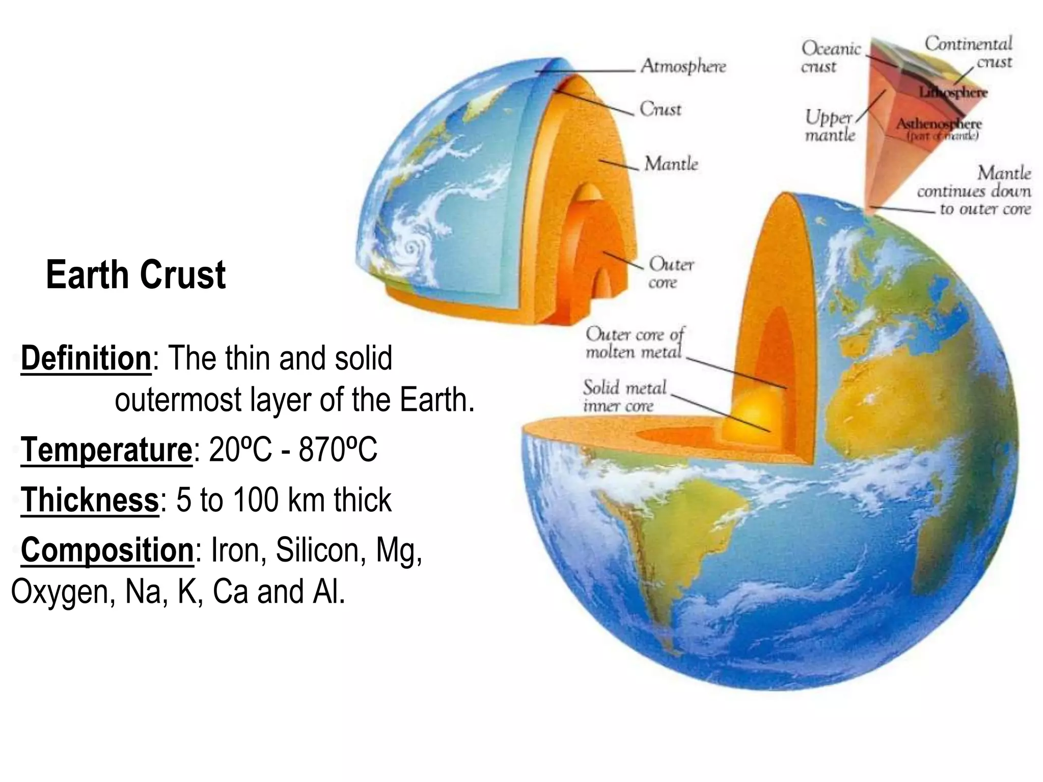 •Definition: The thin and solid
outermost layer of the Earth.
•Temperature: 20⁰C - 870⁰C
•Thickness: 5 to 100 km thick
•Composition: Iron, Silicon, Mg,
Oxygen, Na, K, Ca and Al.
Earth Crust
 