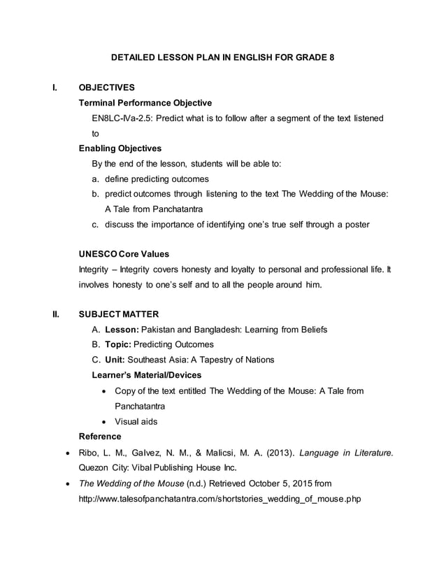 Detailed Lesson Plan in Teaching Listening and Speaking Predicting