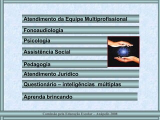Aprenda brincando Atendimento da Equipe Multiprofissional  Questionário – inteligências  múltiplas Fonoaudiologia Psicologia Assistência Social Pedagogia Atendimento Jurídico Comissão pela Educação Escolar – Anápolis 2008 