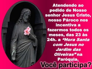 Atendendo ao pedido de Nosso senhor Jesus Cristo, nosso Pároco nos incentiva a fazermos todos os meses, das 23 às 24h. a “Hora Santa com Jesus no Jardim das Oliveiras” na Paróquia. Você participa?