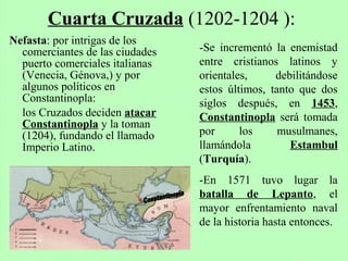 Nefasta: por intrigas de los
comerciantes de las ciudades
puerto comerciales italianas
(Venecia, Génova,) y por
algunos políticos en
Constantinopla:
los Cruzados deciden atacar
Constantinopla y la toman
(1204), fundando el llamado
Imperio Latino.
Cuarta Cruzada (1202-1204 ):
-Se incrementó la enemistad
entre cristianos latinos y
orientales, debilitándose
estos últimos, tanto que dos
siglos después, en 1453,
Constantinopla será tomada
por los musulmanes,
llamándola Estambul
(Turquía).
-En 1571 tuvo lugar la
batalla de Lepanto, el
mayor enfrentamiento naval
de la historia hasta entonces.
 