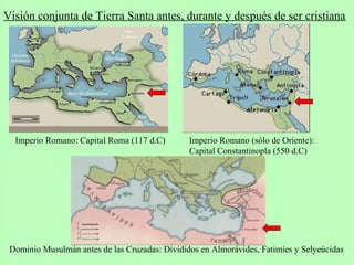 Visión conjunta de Tierra Santa antes, durante y después de ser cristiana
Imperio Romano: Capital Roma (117 d.C) Imperio Romano (sólo de Oriente):
Capital Constantinopla (550 d.C)
Dominio Musulmán antes de las Cruzadas: Divididos en Almorávides, Fatimíes y Selyeúcidas
 
