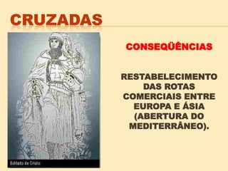 CONSEQÜÊNCIAS
RESTABELECIMENTO
DAS ROTAS
COMERCIAIS ENTRE
EUROPA E ÁSIA
(ABERTURA DO
MEDITERRÂNEO).
 