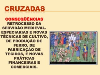 CONSEQÜÊNCIAS
RETROCESSO DA
SERVIDÃO MEDIEVAL.
ESPECIARIAS E NOVAS
TÉCNICAS DE CULTIVO,
DE PRODUÇÃO DE
FERRO, DE
FABRICAÇÃO DE
TECIDOS, E NOVAS
PRÁTICAS
FINANCEIRAS E
COMERCIAIS.
 