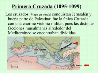 Los cruzados (Mapa en verde) conquistan Jerusalén y
buena parte de Palestina: fue la única Cruzada
con una enorme victoria militar, pues las distintas
facciones musulmanas alrededor del
Mediterráneo se encontraban divididas.
Primera Cruzada (1095-1099)
•Jerusalén
• ROMA
 