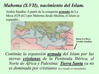 Continúa la expansión armada del Islam por las
tierras cristianas de la Península Ibérica, el
Norte de África y Palestina: Tierra Santa ya no
es dominada por cristianos (Lo rosado es musulmán)
Mahoma (S.VII), nacimiento del Islam.
Arabia Saudita: A partir de la conquista armada de La
Meca (629 d.C) por Mahoma desde Medina, el Islam se
expandió...
Hacia La Meca
(Arabia Saudita)
•Jerusalén
 