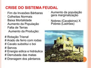 CRISE DO SISTEMA FEUDAL
 Fim da Invasões Bárbaras
 Colheitas Normais
 Baixa Mortalidade
 Aumento da População
 Falta de Terras
 Aumento da Produção:
# Rotação Trienal
# Arado de ferro com rodas
# Cavalo substitui o boi
# Servos
# Energia eólica e hidráulica
# Derrubada das matas
# Drenagem dos pântanos
 Aumento da população
gera marginalização
 Nobres (Cavaleiros) X
Pobres (Ladrões)
 
