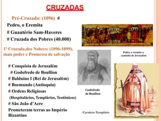 CRUZADAS
 Pré-Cruzada: (1096) #
Pedro, o Eremita
# Guautério Sam-Haveres
# Cruzada dos Pobres (40.000)
1ª Cruzada,dos Nobres: (1096-1099),
mais poder e Promessa de salvação
# Conquista de Jerusalém
# Godofredo de Boullion
# Balduíno I (Rei de Jerusalém)
# Boemundo (Antioquia)
# Ordens Religiosas
(Hospitalários, Templários, Teotônicos)
# São João d’Acre
Prometeram terras ao Império
Bizantino
Godofredo
de Boullion
Pedro, o eremita a
caminho de Jerusalém
Cavaleiro Templário
 