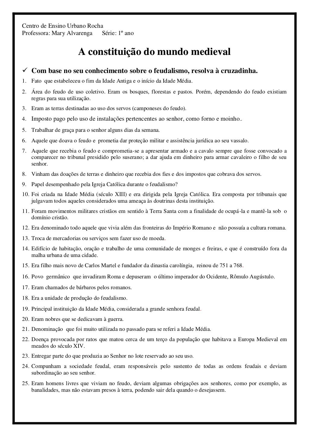 Exercícios Idade Média 7 Ano - FDPLEARN