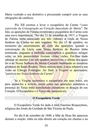 Maria vestindo o seu distintivo e procurando cumprir com as suas
obrigações de católicos.

         Pio XII exortou a levar o escapulário do Carmo “como
expressão da Consagração ao Coração Imaculado de Maria”. De
fato, as aparições de Fátima revestiram o escapulário do Carmo com
uma nova importância: “No dia 13 de setembro de 1917, a Virgem
de Fátima tinha anunciado aos três videntes a vinda de Nossa
Senhora do Carmo no mês seguinte. No dia 13 de outubro, no
momento do encerramento do ciclo das aparições, quando a
conversação da Lúcia com Nossa Senhora do Rosário tinha
terminado, enquanto a multidão contemplava o grandioso milagre
solar, os três pastorzinhos tiveram várias visões. Foi-lhes dado
admirar no mesmo Céu três quadros sucessivos, o último dos quais
foi o de Nossa Senhora do Monte Carmelo lembrando os mistérios
gloriosos do Santo Rosário. Nessa mesma tarde, Lúcia relatará a sua
visão ao Cônego Formigão: Ao final, a Virgem se apresentou:
“pareceu-me Nossa Senhora do Carmo”.

       Se a Virgem sustentava o escapulário em suas mãos, era
para animá-los a levá-lo, assim como nas aparições anteriores a
presença do Terço tinha manifestado claramente os desejos do seu
Coração. O Escapulário e o Terço são inseparáveis.

                      O Escapulário Verde

        O Escapulário Verde foi dado à irmã Faustina Bisqueyburu,
religiosa das Irmãs da Caridade de São Vicente de Paula.

       No dia 8 de setembro de 1840, a Mãe de Deus lhe apareceu
durante a oração: tinha na mão direita um coração em chamas e na

                                55
 