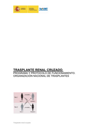 TRASPLANTE RENAL CRUZADO.
PROGRAMA Y PROTOCOLO DE FUNCIONAMIENTO.
ORGANIZACIÓN NACIONAL DE TRASPLANTES




Trasplante renal cruzado
 