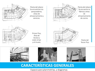 Planta del sótano
Se encuentran los
parqueaderos,
áreas de
almacenamiento y
servicios.

Primer Piso,
Área de
Acceso y
están el bar
y el museo.

CARACTERÍSTICAS GENERALES
Espacio para planimetrías, y diagramas

Planta del sótano
Se encuentra la
fabrica y áreas
de
almacenamiento
de cocina.

Planta del
Tercer Piso

 