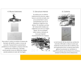 4. Muros Exteriores

5. Estructura Interior

6. Cubierta

Se realizo con un sistema
tradicional de columna, viga y
loza en concreto armado, aun
así se presentaron varios
contratiempos que no se
detallaron original en los
planos. Por ejemplo una loza
del restaurante estaba casi
colgando en el aire sin ningún
apoyo. Por los múltiples
sobre costos y retrasos se
tuvo que reponer
monetariamente los impases.

Para reducir costos se cambio el sistema de
fachada: de ladrillo y cobre a muros de
concreto. Nuevamente se presentaron
problemas en el empate o uniones entre los
sistemas de contención y fachada,
construyendo muros en diferentes etapas
siendo evidente el color del hormigón.

La terminación de las columnas cambio de
concreto reforzado a vidas en acero que
sostenían la estructura de la cubierta, que
principalmente tenia curvaturas pero para
agilizar los procesos se cambiaron a
superficies planas que facilitaran las uniones y
evitaran la filtración entre dilataciones.

 