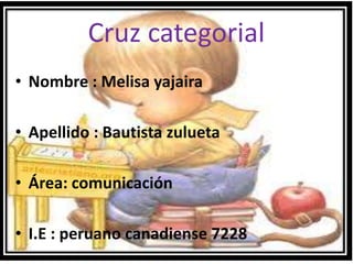 Cruz categorial
• Nombre : Melisa yajaira
• Apellido : Bautista zulueta
• Área: comunicación
• I.E : peruano canadiense 7228
 