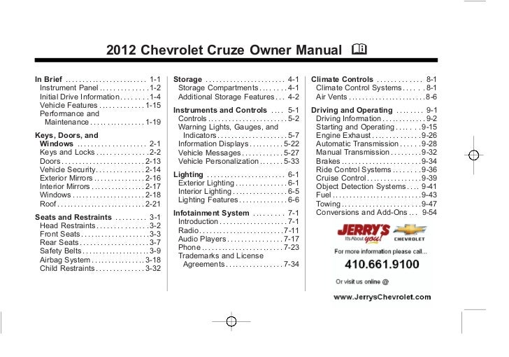 2012 Chevy Cruze Owner's Manual Baltimore, Maryland