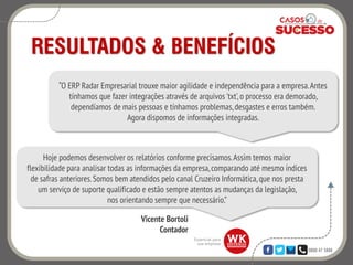 0800 47 3888
RESULTADOS & BENEFÍCIOS
“O ERP Radar Empresarial trouxe maior agilidade e independência para a empresa.Antes
tínhamos que fazer integrações através de arquivos'txt', o processo era demorado,
dependíamos de mais pessoas e tínhamos problemas,desgastes e erros também.
Agora dispomos de informações integradas.
Vicente Bortoli
Contador
Hoje podemos desenvolver os relatórios conforme precisamos.Assim temos maior
flexibilidade para analisar todas as informações da empresa,comparando até mesmo índices
de safras anteriores.Somos bem atendidos pelo canal Cruzeiro Informática,que nos presta
um serviço de suporte qualificado e estão sempre atentos as mudanças da legislação,
nos orientando sempre que necessário.”
 