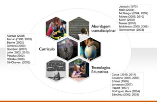 Jantsch (1970)
                                                       Klein (2004)
                                                       McGregor (2004, 2009)
                                                       Morais (2005, 2010)
                                                       Morin (2002)
                                                       Navas (2010)
                                   Abordagem           Niclolescu (2000, 2006)
                                   transdisciplinar    Sommerman (2003)

 Alarcão (2008)
 Alonso (1998, 2003)
 Beane (2002)
 Gimeno (2000)
 Goodson (2001)        Currículo
 Leite (2002, 2010)
 Peralta (2002)
 Roldão (2008)
 Sá-Chaves (2002)
                                   Tecnologias
                                   Educativas
                                                 Costa ( 2010, 2011)
                                                 Coutinho (2005, 2009)
                                                 Ertmer (1999)
                                                 Jonassen (2007)
                                                 Papert (1997)
                                                 Rodriguez illera (2004)
                                                 Sánchez (2002, 2003)
Page  5
 