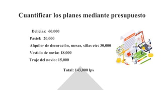 Delicias: 60,000
Cuantificar los planes mediante presupuesto
Pastel: 20,000
Alquiler de decoración, mesas, sillas etc: 30,...