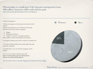Fibromyalgia is a small part of the big pain management issue.
100 million American suffer with chronic pain.
http://books.nap.edu/openbook.php?record_id=13172&page=1




Criteria for Diagnosis:
                                                                            Women                             Men
1. Pain and symptoms over the past week, based on the
total of:
Number of painful areas out of 19 parts of the body
Plus level of severity of these symptoms:

 • Fatigue
 • Waking unrefreshed
 • Cognitive (memory or thought) problems
Plus number of other general physical symptoms
                                                                       20%
2. Symptoms lasting at least three months at a similar level

3. No other health problem that would explain the pain
and other symptoms

Currently there is no cure but the symptoms can be
treated

Source: American College of Rheumatology, 2010
                                                                                             80%
http://www.rheumatology.org/practice/clinical/patients/
diseases_and_conditions/ﬁbromyalgia.asp


An overview for a newly diagnosed patient from NFA.


                                                               Data from:   http://www.cdc.gov/arthritis/basics/ﬁbromyalgia.htm
 