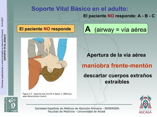 TécnicasexploratoriaseinstrumentalesenAtenciónPrimaria.19-4-2007
SOPORTEVITALBASICO
Apertura de la via aérea
maniobra frente-mentón
descartar cuerpos extraños
extraíbles
El paciente NO responde A (airway = vía aérea
Soporte Vital Básico en el adulto:
El paciente NO responde: A - B - C
 