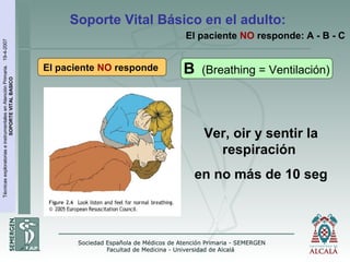 TécnicasexploratoriaseinstrumentalesenAtenciónPrimaria.19-4-2007
SOPORTEVITALBASICO
El paciente NO responde
Ver, oir y sentir la
respiración
en no más de 10 seg
Soporte Vital Básico en el adulto:
B (Breathing = Ventilación)
El paciente NO responde: A - B - C
 