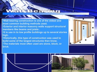 Wall Bearing Wall bearing construction is one of the oldest and most common building methods used.  Exterior and interior masonry walls support structural members like beams and joists . It is use in to low profile buildings up to several stories high.  Historically, this type of construction was used to build some of the largest structures then  know.  The materials most often used are stone, block, or brick .   
